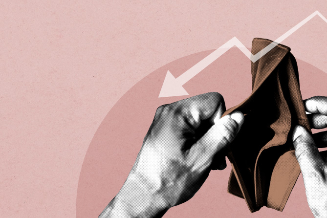 Graphic: hands pulling the edges of an empty wallet. A downward arrow overlaid pointing to a struggling economy.
